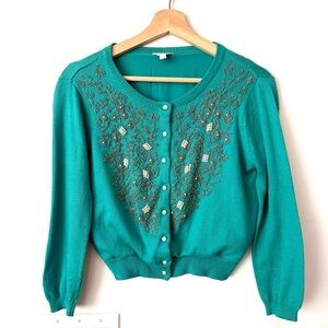 Vintage Style Beaded Button Down Cardigan Teal